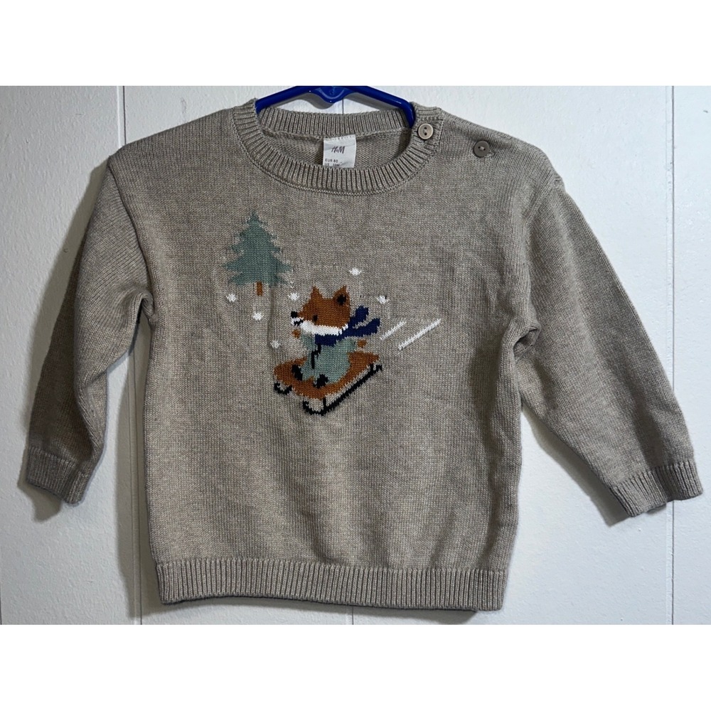 HM Kids Beige Fox Sledding‎ Cotton Knit Sweater 12M Shoulder Buttons 941731